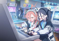 2girls ahoge arcade aris_(blue_archive) black_hair black_halo black_jacket black_skirt blue_archive blue_halo blue_necktie blue_ribbon blush braid closed_eyes embarrassed fang floral_print game_cg hair_between_eyes halo highres huge_ahoge jacket long_bangs long_hair maid_headdress mole mole_under_eye multiple_girls necktie neru_(blue_archive) non-web_source official_art one_side_up open_mouth playing_games pleated_skirt red_eyes red_hair ribbon shirt single_braid skirt sukajan white_shirt white_sleeves