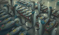 bell blue_hat crying fins fish frown hat highres holding holding_bell no_humans open_mouth original smile streaming_tears surreal tears tensen_(dotted_line) writing