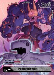 Rule 34 | absurdres, agumon, black sclera, claws, colored sclera, crown, deumosden, digimon, digimon (creature), digimon card game, earrings, glowing, glowing eyes, highres, jewelry, laughing, mask, medusamon, ojou-sama pose, open mouth, petrification, red eyes, sharp teeth, snake, snake hair, tail, teeth, token (tcg)