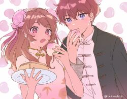 1boy 1girl aikatsu! aikatsu!_(series) arm_at_side black_jacket bun_cover china_dress chinese_clothes dot_nose double_bun dress dumpling earrings floral_print food hair_between_eyes hair_bun hand_up hands_up heart holding holding_food holding_plate jacket jewelry long_hair looking_at_viewer mym open_clothes open_jacket open_mouth orange_hair ozora_akari pink_dress plate purple_eyes red_eyes red_hair sena_tsubasa shirt short_hair short_sleeves straight_hair twitter_username upper_body white_background white_shirt