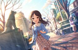 Rule 34 | bag, belt, blurry, blurry background, brown eyes, brown hair, building, cloud, dog, dress, game cg, handbag, idolmaster, idolmaster cinderella girls, idolmaster cinderella girls starlight stage, jacket, official art, open mouth, sitting, statue, sunlight, tachibana arisu, tree