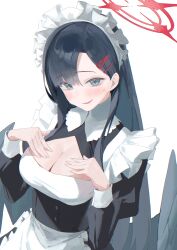 1girl absurdres alternate_costume apron asymmetrical_bangs black_dress black_hair black_wings blue_archive blue_eyes blush breasts cleavage cleavage_cutout clothing_cutout dress fang feathered_wings hair_behind_ear hair_between_eyes hair_ornament hairband hairclip hands_on_own_chest highres ichika_(blue_archive) long_hair looking_at_viewer maid maid_apron maid_headdress matcha_(matttttya1) sidelocks smile solo sweatdrop white_apron white_hairband wings