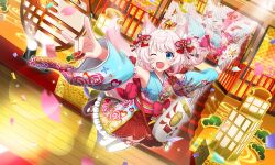Rule 34 | 1girl, ;d, ahoge, animal ear fluff, animal ears, artist request, blue eyes, blue kimono, bow, confetti, detached sleeves, electric guitar, floral print, fox ears, fox girl, fox shadow puppet, fox tail, frilled skirt, frills, full body, guitar, hair bow, hair ornament, holding, holding guitar, holding instrument, holding plectrum, howan (show by rock!!), instrument, japanese clothes, jumping, kimono, lens flare, looking at viewer, midair, obi, obiage, obijime, official art, one eye closed, open mouth, outstretched arms, pink hair, plectrum, railing, red skirt, sandals, sash, short hair, show by rock!!, side ponytail, skirt, sleeveless, sleeveless kimono, smile, solo, sparkle, stage lights, stairs, tail, tassel, tassel hair ornament, thighhighs, third-party source, white thighhighs