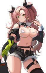 1girl absurdres aki_hoshino amillion_(zenless_zone_zero) areola_slip artist_name bare_shoulders bikini bikini_top_only black_jacket black_ribbon black_shorts black_thighhighs breasts briefcase commentary cowboy_shot earrings english_commentary green_eyes hair_ornament hair_ribbon hairclip heart heart_earrings heart_necklace highres holding holding_briefcase jacket jewelry large_breasts long_hair looking_at_viewer micro_shorts nail_polish navel necklace nicole_demara nipple_slip nipples open_clothes open_fly open_jacket pink_hair ribbon shorts simple_background single_thighhigh smile solo stomach swimsuit thighhighs twintails white_background white_bikini zenless_zone_zero