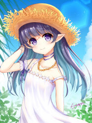absurdres artist_name bare_shoulders black_hair blue_sky dress emn flat_chest hair_flip hat highres iris_mysteria! leaf long_hair looking_at_viewer naja_(iris_mysteria!) pointy_ears purple_eyes sky smile standing straw_hat upper_body white_dress