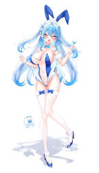 1girl absurdres ahoge alternate_costume animal_ears ankle_cuffs bare_shoulders blue_bow blue_bowtie blue_hair blue_leotard blue_shoes blush bow bowtie cocktail_glass commentary_request crossed_bangs cup detached_collar detached_sleeves double-parted_bangs drinking_glass fake_animal_ears flower frilled_leotard frills full_body fur-trimmed_thighhighs fur_cuffs fur_trim gluteal_fold gradient_hair hair_between_eyes hair_flower hair_ornament hairclip heart heart_ahoge high_heels highleg highleg_leotard highres holding holding_cup hololive knees_together_feet_apart leotard long_hair looking_at_viewer multicolored_hair open_mouth playboy_bunny pointy_ears puffy_detached_sleeves puffy_short_sleeves puffy_sleeves rabbit_ears see-through_clothes see-through_leotard shadow shoes short_sleeves sidelocks simple_background solo strapless strapless_leotard thighhighs two_side_up very_long_hair virtual_youtuber white_background white_thighhighs wrist_cuffs yellow_eyes yu_lei yukihana_lamy yukimin_(yukihana_lamy)