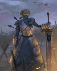 1girl armor armored_dress armored_skirt army arrow_(projectile) arrow_in_body artoria_pendragon_(fate) back back_turned bird blonde_hair blood bloody_weapon blue_dress blue_ribbon braid braided_bun breastplate crowd dress embers excalibur_(fate/stay_night) fate/stay_night fate_(series) flower from_behind gauntlets hair_bun hair_ribbon highres holding holding_sword holding_weapon juliet_sleeves long_sleeves overcast pink_flower planted planted_sword planted_weapon procreate_(medium) puffy_sleeves rain ribbon saber_(fate) sky solo suracii sword weapon