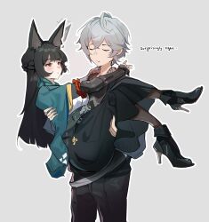 1boy 1girl absurdres animal_ear_fluff animal_ears black_hair black_pants black_shoes black_skirt blush breasts carrying commentary cowboy_shot english_commentary english_text fox_ears fox_girl gauntlets green_jacket grey_background high_heels highres hoshimi_miyabi jacket layton_(sanlayton) long_hair pants princess_carry red_eyes shirt shoes simple_background single_gauntlet skirt white_shirt wise_(zenless_zone_zero) zenless_zone_zero