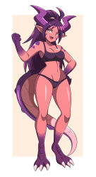 1girl abysswatchers barefoot border bra claws clenched_hand colored_skin commission dragon_girl dragon_horns dragon_tail eyelashes fang full_body hand_on_own_hip highres horns long_hair navel open_mouth original panties pink_background pointy_ears ponytail purple_bra purple_hair purple_horns purple_panties red_skin shiny_skin simple_background smile standing stomach tail thighs toe_claws underwear underwear_only v-shaped_eyebrows white_border yellow_eyes