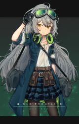 1girl 2017 :/ adjusting_goggles aek-999_(girls&#039;_frontline) bag belt big_hair black_gloves black_headphones bloom blue_coat blue_skirt blush breast_pocket brown_belt character_name coat collarbone copyright_name cowboy_shot duffel_bag female_focus funako_(newggo) girls&#039;_frontline gloves goggles goggles_on_head green-tinted_eyewear green_background green_theme grey_bag hair_between_eyes half-closed_eyes hand_in_pocket hand_up headphones headphones_around_neck jacket letterboxed long_hair looking_at_viewer messy_hair multicolored_jacket neon_trim outside_border pantyhose plaid_clothes plaid_skirt pocket popped_collar print_skirt shirt shirt_tucked_in shoulder_bag shoulder_strap sidelocks silver_hair simple_background skirt sleeve_cuffs sleeves_rolled_up solo standing tinted_eyewear two-tone_jacket utility_belt wavy_hair white_shirt yellow_eyes