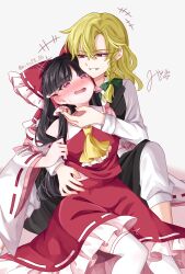 2girls absurdres ascot black_skirt black_vest blonde_hair blush bow braid breasts brown_hair commentary_request detached_sleeves frilled_bow frilled_hair_tubes frilled_skirt frills green_bow grin hair_bow hair_tubes hakurei_reimu highres kirisame_marisa long_hair mito_(fate) multiple_girls no_headwear open_mouth red_bow red_eyes red_skirt ribbon-trimmed_skirt ribbon-trimmed_sleeves ribbon_trim side_braid signature single_braid sitting skirt skirt_set smile thighhighs touhou twitter_username very_long_hair vest white_thighhighs yellow_ascot yuri