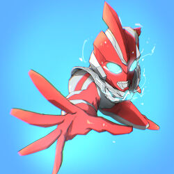 Rule 34 | 1boy, absurdres, alien, arm up, armor, blue background, blue eyes, blurry, blurry foreground, breastplate, color timer, colored skin, commentary, compound eyes, depth of field, dorsal fin, eye slugger, eye trail, foreshortening, from above, glowing, glowing eyes, gun gun cut, highres, knee up, light trail, looking at viewer, male focus, multicolored skin, naitsupic, open hand, outstretched arm, reaching, reaching towards viewer, red skin, silver skin, simple background, solo, tokusatsu, two-tone skin, ultra series, ultraman omega, ultraman omega (series)