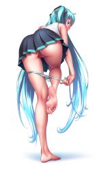 1girl aqua_hair aqua_nails aqua_pubic_hair ass barefoot black_skirt blush censored cleft_of_venus colored_pubic_hair feet female_focus female_pubic_hair from_behind hair_ornament hatsune_miku highres huge_ass long_hair mosaic_censoring nail_polish panties panty_pull pubic_hair purple_eyes pussy removing_panties shadow shirt simple_background skirt sleeveless sleeveless_shirt solo standing standing_on_one_leg striped_clothes striped_panties twintails underwear undressing vocaloid white_background wokada