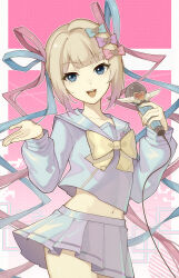 1girl abstract_background aqua_bow artist_name blonde_hair blue_eyes blue_hair blue_nails blue_sailor_collar blue_serafuku blue_shirt blue_skirt blunt_bangs bow bowtie chouzetsusaikawa_tenshi-chan collarbone cowboy_shot crop_top dated fingernails gradient_hair hair_bow heart heart_pin highres holding holding_microphone lapel_pin long_hair long_sleeves looking_at_viewer microphone midriff miniskirt multicolored_hair nail_polish navel needy_girl_overdose open_hand open_mouth palms pink_background pink_bow pink_hair pink_nails pleated_skirt polka_dot polka_dot_background purple_bow quad_tails sailor_collar school_uniform serafuku shirt skirt smile solo standing star_(symbol) star_pin teeth tongue upper_teeth_only very_long_hair watermark yellow_bow yellow_bowtie yellow_nails zhadao_lza