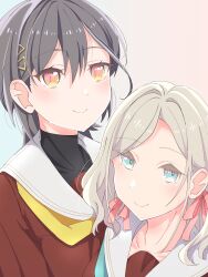 Rule 34 | 2girls, absurdres, aqua neckerchief, black hair, blue eyes, brown dress, ceras yanagida lilienfeld, commentary request, dress, edel note, grey background, grey hair, hair between eyes, hair ornament, hair ribbon, hasu no sora school uniform, highres, katsuragi izumi, link! like! love live!, long hair, long sleeves, love live!, multiple girls, neckerchief, orange eyes, pink ribbon, ribbon, sailor collar, sailor dress, school uniform, shirane nanimo, simple background, swept bangs, triangle hair ornament, turtleneck, upper body, virtual youtuber, white background, white sailor collar, winter uniform, yellow neckerchief