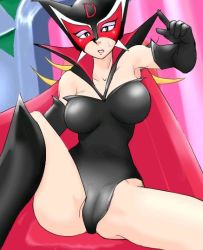 1girl blonde_hair cameltoe cape costume doronjo female_focus mask mokusa solo spread_legs sweatdrop tatsunoko_production time_bokan_(series) yatterman