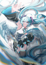 Rule 34 | 1girl, absurdres, ahoge, angel wings, aqua eyes, aqua hair, aqua nails, aqua necktie, arm up, armpits, black skirt, breasts, charorudo 0818, commentary, detached sleeves, feathered wings, feathers, hair between eyes, hair ornament, hatsune miku, hatsune miku expo, highres, long hair, long sleeves, medium breasts, necktie, parted lips, pleated skirt, shirt, simple background, skirt, sleeveless, sleeveless shirt, smile, solo, thighhighs, twintails, very long hair, vocaloid, white background, wide sleeves, wings, zettai ryouiki