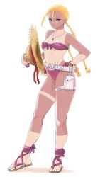 1girl absurdres belt bikini blonde_hair blue_eyes braid cammy_white facial_scar hat highres holding holding_unworn_clothes holding_unworn_hat jewelry loose_belt low_twin_braids necklace official_alternate_costume pink_bikini sandals scar scar_on_cheek scar_on_face sekichuu_(unholywars12) solo strapless strapless_bikini straw_hat street_fighter street_fighter_6 swimsuit tan tanline twin_braids unworn_hat unworn_headwear