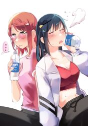 ... 2girls absurdres back-to-back black_hair black_pants blunt_bangs blush bottle bottle_to_cheek breasts cleavage closed_eyes collarbone commentary cowboy_shot d: drinking_straw drinking_straw_in_mouth glasses half_updo highres holding holding_bottle jacket love_live! love_live!_nijigasaki_high_school_idol_club medium_breasts medium_hair midriff multiple_girls myonmukyuu navel one_side_up open_clothes open_jacket open_mouth pants pink-tinted_eyewear pink_hair pink_shirt puff_of_air red_sports_bra shirt short_sleeves simple_background speech_bubble spoken_ellipsis sports_bra swept_bangs symbol-only_commentary t-shirt tinted_eyewear uehara_ayumu white-framed_eyewear white_background white_jacket yellow_eyes yuki_setsuna