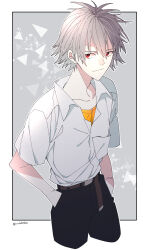 1boy belt belt_buckle black_pants border breast_pocket brown_belt buckle closed_mouth collared_shirt commentary_request cropped_legs grey_hair hair_between_eyes hand_in_pocket highres looking_to_the_side male_focus mushi_kei nagisa_kaworu neon_genesis_evangelion orange_shirt outside_border pants pocket red_eyes shirt sideways_glance solo standing white_border white_shirt wing_collar