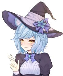 1girl animal_ear_fluff animal_ears bear_ears bear_girl black_hat blue_eyes bow bowtie closed_mouth emerazu_(artist) fang hat hat_bow icey_snowpaws long_sleeves purple_bow purple_bowtie second-party_source short_hair skin_fang solo upper_body v vallure virtual_youtuber white_background witch_hat yellow_eyes