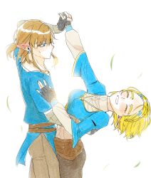 1boy 1girl ^_^ big_egg526 black_gloves black_pants blonde_hair blue_eyes blue_shirt brown_pants champion&#039;s_tunic_(zelda) closed_eyes couple dancing ear_piercing fingerless_gloves gloves hair_ornament hairclip hand_on_another&#039;s_waist hetero highres holding_hands interlocked_fingers link nintendo pants piercing pointy_ears ponytail princess_zelda shirt short_ponytail smile the_legend_of_zelda the_legend_of_zelda:_tears_of_the_kingdom