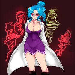 Rule 34 | 1girl, blue hair, breasts, cleavage, closed mouth, coat, commentary request, dress, feet out of frame, folded ponytail, highres, jewelry, lab coat, large breasts, looking at viewer, medium hair, necklace, open clothes, open coat, purple dress, ragnarok online, red background, red eyes, shirokuro (erisnoa), smile, solo, verity, white coat