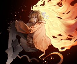 1girl ardor_blossom_star_(e.g.o) black_boots blue_eyes bochishiraita boots e.g.o_(project_moon) embers full_body glowing glowing_hair hair_flowing_over hair_ribbon hands_on_own_knees headband highres ishmael_(project_moon) jacket knees_up limbus_company long_hair looking_at_viewer orange_hair orange_jacket project_moon ribbon skirt solo very_long_hair