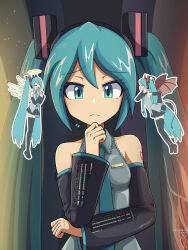 3girls angel_and_devil angel_wings aqua_eyes aqua_hair aqua_necktie artist_name black_skirt black_sleeves black_thighhighs closed_eyes closed_mouth commentary_request demon_tail demon_wings detached_sleeves digiral dual_persona frilled_shirt frills frown grey_shirt halo hatsune_miku headset highres long_hair multiple_girls necktie outline own_hands_together shirt skirt smile tail teeth thighhighs thinking traditional_halo twitter_username v-shaped_eyes very_long_hair vocaloid white_outline wings zettai_ryouiki
