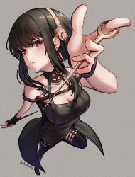 1girl andreas_meidy black_boots black_dress black_hair boots breasts cleavage closed_mouth commentary dagger dress earrings english_commentary from_above gold_hairband grey_background hairband highres jewelry knife large_breasts red_eyes simple_background solo spy_x_family standing standing_on_one_leg stiletto_(weapon) thigh_boots weapon yor_briar