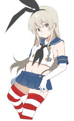 1girl absurdres anchor_hair_ornament black_neckerchief black_panties blue_sailor_collar blue_skirt brown_eyes chain crop_top elbow_gloves gloves grey_hair hair_ornament highleg highleg_panties highres kantai_collection long_hair microskirt neckerchief panties pleated_skirt sailor_collar shimakaze_(kancolle) shishamo_(domado) simple_background skirt solo striped_clothes striped_thighhighs thighhighs underwear white_background white_gloves