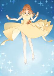1girl absurdres bead_necklace beads brown_eyes brown_hair dress dress_flower floating flower frilled_wrist_cuffs frills full_body hands_up high_heels highres hogehogemoji06 idolmaster idolmaster_cinderella_girls jewelry long_hair looking_down moroboshi_kirari nail_polish necklace parted_lips red_nails see-through_clothes see-through_footwear solo sparkle wrist_cuffs yellow_dress