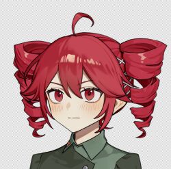black_shirt blush buttons collared_shirt double-parted_bangs drill_hair expressionless grey_background hair_between_eyes highres junlin_drake kasane_teto kasane_teto_(voicepeak) looking_ahead portrait red_eyes red_hair shirt simple_background twin_drills utau variant_set voicepeak wing_collar