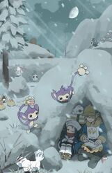 Rule 34 | 1boy, 1girl, aipom, akari (pokemon), alolan form, alolan vulpix, berry (pokemon), black boots, black hair, blonde hair, boots, closed eyes, closed mouth, commentary request, dusknoir, duskull, galaxy expedition team survey corps uniform, gen 2 pokemon, gen 3 pokemon, gen 4 pokemon, gen 5 pokemon, gen 7 pokemon, ginkgo guild uniform, hair over one eye, hat, headscarf, highres, hisuian zorua, holding, jar, moon, night, nintendo, one eye closed, open mouth, oshawott, outdoors, piloswine, pokemon, pokemon (creature), pokemon legends: arceus, red scarf, scarf, shuan 420, sitting, snorunt, snow, snowing, swinub, tree, volo (pokemon)