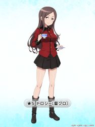 Rule 34 | 1girl, black boots, black skirt, blue background, boots, brown hair, character name, closed mouth, commentary request, cosplay, cup, darjeeling (girls und panzer), darjeeling (girls und panzer) (cosplay), dorothy (princess principal), full body, girls und panzer, girls und panzer senshadou daisakusen!, holding, holding cup, holding saucer, jacket, long hair, long sleeves, looking at viewer, military, military uniform, miniskirt, official art, pleated skirt, princess principal, purple eyes, red jacket, saucer, skirt, smile, solo, st. gloriana&#039;s military uniform, standing, swept bangs, teacup, watermark