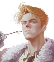 Rule 34 | 1boy, ahoge, america (hetalia), axis powers hetalia, black-framed eyewear, blonde hair, blue eyes, brown necktie, chinese commentary, closed mouth, collared shirt, commentary request, fur trim, glasses, gloves, hand up, highres, holding, holding removed eyewear, lips, looking at viewer, male focus, mare hane, necktie, shirt, short hair, simple background, smile, solo, unworn eyewear, upper body, white background, white gloves, yellow shirt