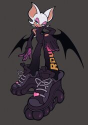 1girl alternate_costume animal_ears animal_nose bat_ears bat_girl bat_wings black_bodysuit black_shoes black_wings body_fur bodysuit breasts character_name cleavage eyeshadow full_body furry furry_female green_eyes half-closed_eyes hand_on_own_hip highres large_breasts lipstick looking_at_viewer makeup open_bodysuit open_clothes pajaronaa partially_unzipped pink_eyeshadow pink_lips print_bodysuit rouge_the_bat shoes smile sneakers solo sonic_(series) standing white_fur wings zipper_pull_tab