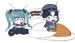 1boy 1girl amemiya_darumi black_boots black_bow black_hair black_skirt blue_hair blue_jacket blue_pants boots bow chibi ear_piercing holding holding_knife jacket knife maruko_gaku multicolored_hair open_mouth pants piercing pink_eyes red_bow red_eyes shirt short_hair skirt striped_clothes striped_shirt the_hundred_line_-last_defense_academy tongue tongue_out twintails white_background white_shirt