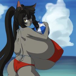 1girl animal_ears ass backboob ball beachball black_hair breasts cloud colored_skin commission covered_erect_nipples day female_focus fox_ears fox_girl fox_girl_(suxihn) fox_tail gigantic_breasts grey_skin highres long_hair looking_at_viewer looking_back ocean original penne_bust sideboob sky solo tail water