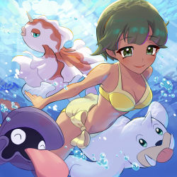 1girl air_bubble barefoot beauty_(pokemon) bikini blush breasts bubble cleavage closed_mouth collarbone commentary_request creatures_(company) game_freak gen_1_pokemon goldeen green_eyes green_hair light_beam navel nintendo pokemon pokemon_(creature) pokemon_lgpe seel shellder short_hair smile swimming swimsuit toes tom_(pixiv10026189) underwater water_surface yellow_bikini
