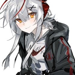 Rule 34 | 1girl, arknights, black jacket, chinese commentary, closed mouth, commentary request, grey hair, grey shirt, hair between eyes, hair ornament, highres, hood, hood down, hooded jacket, jacket, light blush, long hair, looking at viewer, multicolored hair, open clothes, open jacket, qielmy, red hair, shirt, simple background, sketch, smile, solo, streaked hair, upper body, w (arknights), white background, x hair ornament, yellow eyes