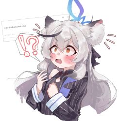 Rule 34 | !?, 1girl, animal ears, black coat, black dress, black hair, blue archive, blue halo, blush, breasts, brown eyes, cat ears, cat girl, china dress, chinese clothes, cleavage cutout, clothing cutout, coat, constricted pupils, cropped torso, diamond cutout, dress, grey hair, halo, kokona (blue archive), long hair, long sleeves, multicolored hair, open mouth, request inset, shimeji take, small breasts, solo, speech bubble, spoken interrobang, streaked hair, striped clothes, striped coat, striped dress, translation request, vertical-striped clothes, vertical-striped coat, vertical-striped dress