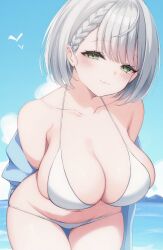 1girl :3 absurdres arms_behind_back bare_shoulders bikini blue_jacket blue_sky braid braided_bangs breasts cleavage closed_mouth cloud commentary_request green_eyes grey_hair groin hair_ornament halterneck highres hololive jacket kojou_gunshi large_breasts looking_at_viewer navel ocean outdoors shirogane_noel short_hair sky solo string_bikini swept_bangs swimsuit thigh_gap virtual_youtuber white_bikini x_hair_ornament
