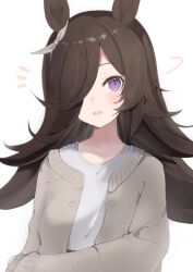 1girl absurdres animal_ears breasts casual collarbone commentary_request hair_ornament hair_over_one_eye highres horse_girl looking_at_viewer open_mouth purple_eyes rice_shower_(umamusume) shirt small_breasts solo takinii umamusume white_background