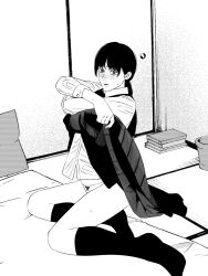 1girl blush book chainsaw_man collared_shirt commentary_request dress fourth_east_high_school_uniform fujimoto_tatsuki_(style) greyscale highres indoors kneehighs long_sleeves looking_at_viewer mitaka_asa monochrome nanami_toga panties pinafore_dress school_uniform shirt sleeveless sleeveless_dress socks solo sweatdrop underwear undressing