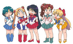 ^_^ aino_minako bishoujo_senshi_sailor_moon black_hair blonde_hair blue_eyes blue_footwear blue_hair blue_skirt blush boots bow brown_hair closed_eyes closed_mouth ear_piercing elbow_gloves gloves green_footwear green_skirt hair_bow high_heels highres hino_rei kino_makoto knee_boots long_hair looking_at_another medium_hair mizuno_ami one_eye_closed open_mouth parted_bangs piercing pleated_skirt ponytail red_bow red_footwear red_skirt sailor_jupiter sailor_mars sailor_mercury sailor_moon sailor_venus shoes short_hair short_ponytail skirt smile translation_request tsubobot tsukino_usagi twintails white_gloves yellow_shoes yellow_skirt