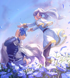 1boy 1girl anezu artist_name black_pantyhose blue_flower blue_hair blue_shirt boots brown_boots capelet cloak closed_eyes closed_mouth commentary_request earrings elf falling_petals field fingernails floating_clothes floating_earrings flower flower_field frieren gold_trim grin hand_up head_wreath highres himmel_(sousou_no_frieren) jacket jewelry kneeling long_hair looking_at_another pants pantyhose petals pointy_ears raised_inner_eyebrows shirt short_hair skirt smile sousou_no_frieren standing teardrop_earrings twintails white_capelet white_cloak white_hair white_jacket white_pants white_skirt