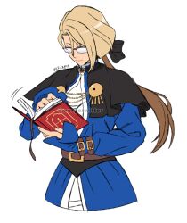 1girl belt blonde_hair blue_dress boots breasts brown_belt dress genderswap genderswap_(mtf) goeniko goenitz habit highres large_breasts long_hair long_sleeves looking_at_viewer mergeritter ponytail pretty_goenitz slit_pupils smile snk solo the_king_of_fighters the_king_of_fighters_all-stars