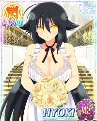 10s 1girl :o bare_shoulders black_hair bouquet bow bow_choker breasts bride card_(medium) character_name choker dress female_focus flower hair_between_eyes hyoki_(senran_kagura) large_breasts long_hair looking_at_viewer official_art open_mouth senran_kagura senran_kagura_new_wave solo trading_card very_long_hair wedding_dress white_dress yaegashi_nan yellow_eyes