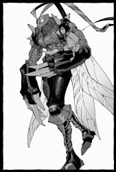 Rule 34 | 2boys, antennae, armor, border, bug, claws, digimon, digimon (creature), digimon adventure 02, greyscale, hachinuki tetsuyo, highres, ichijouji ken, insect wings, looking ahead, looking at viewer, monochrome, multiple boys, short hair, shoulder armor, simple background, spikes, stingmon, wings